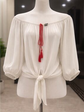 Boho Off Shoulder White Blouse | Red Tassel Tie | Lightweight Summer Top | Gizia